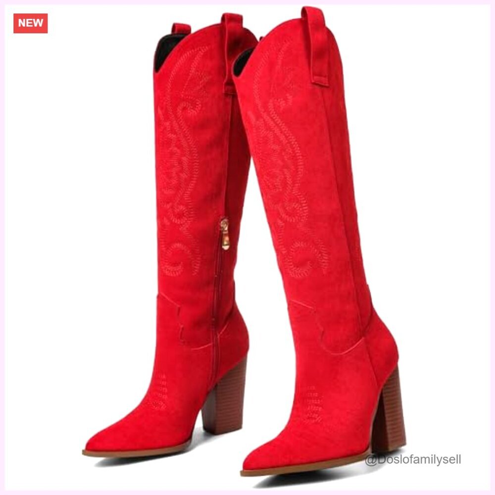 Knee High Cowboy Boots Pointed Toe Chunky Heel Pull-On Embroidered Western - Picture 6 of 7
